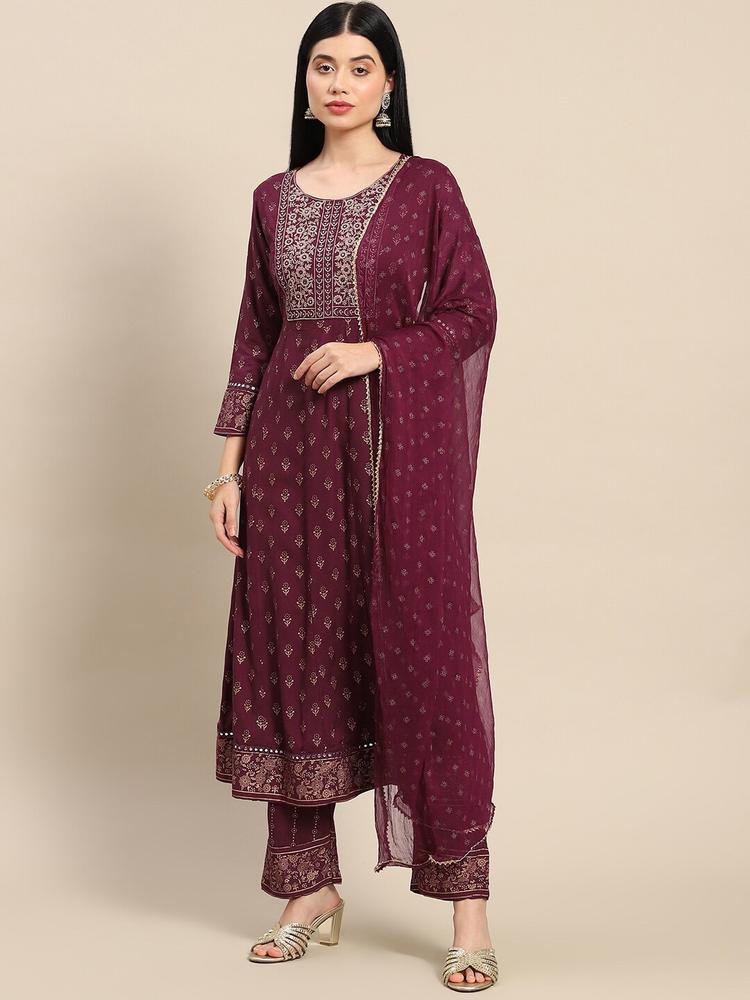 Prakhya Women Maroon Floral Embroidered Thread Work Kurta with Trousers & With Dupatta