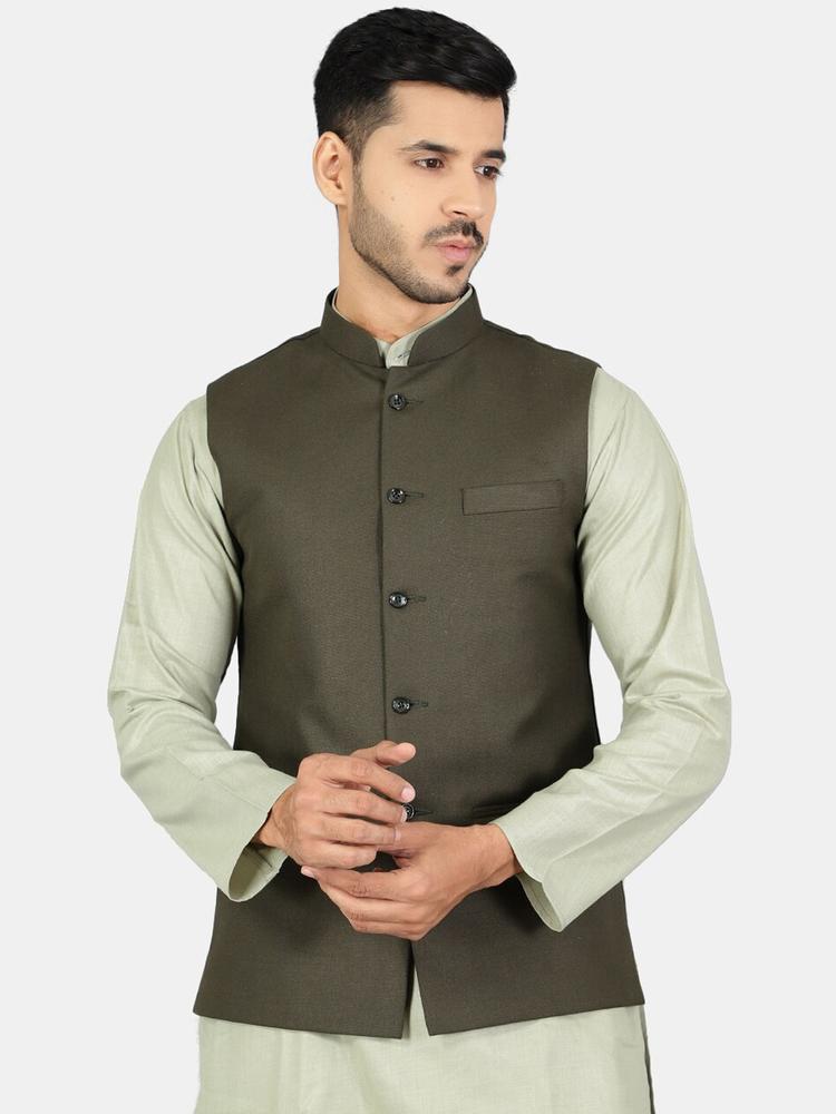 Wintage Men Olive Green Solid Woven Nehru Jackets