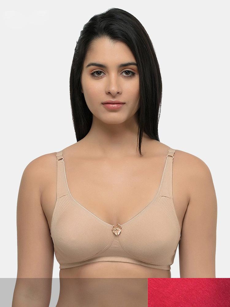 Inner Sense Pack of 2 Maroon & Beige Solid Organic Cotton Antimicrobial Non Padded Bra