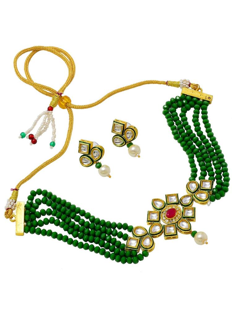 Jewar Mandi Gold-Plated Green Pearls Beaded & White Kundan Stone-Studded Jewellery Set