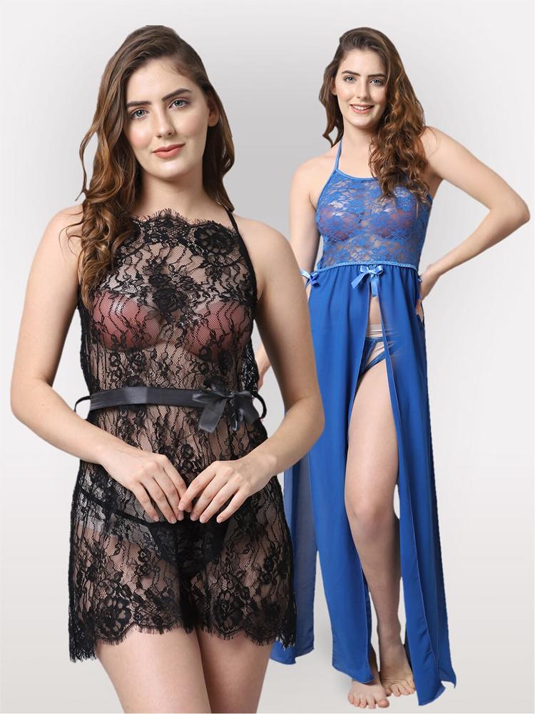 Shararat Pack Of 2 Blue & Black Lace Baby Doll