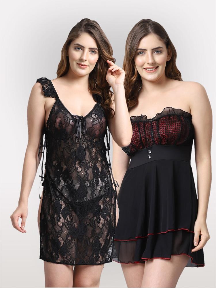 Shararat Pack Of 2 Black & Red Strapless Baby Doll