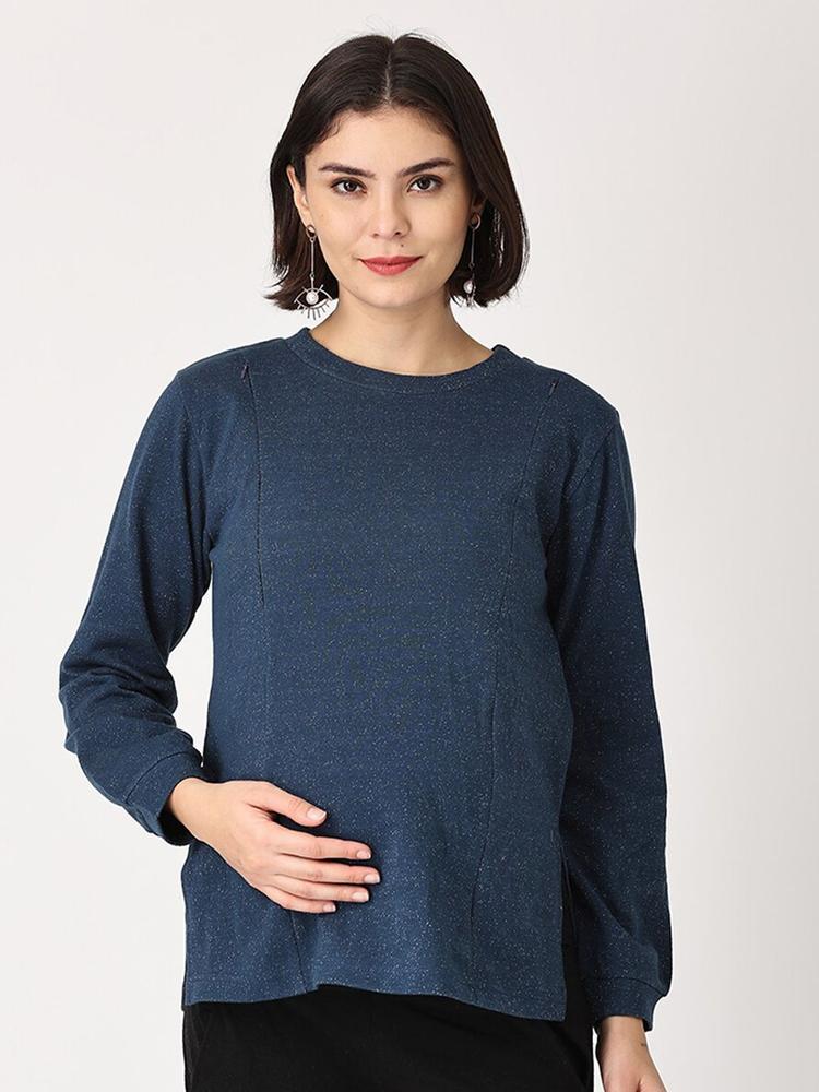 The Mom Store Women Maternity Navy Blue Hooded Sweatshirt