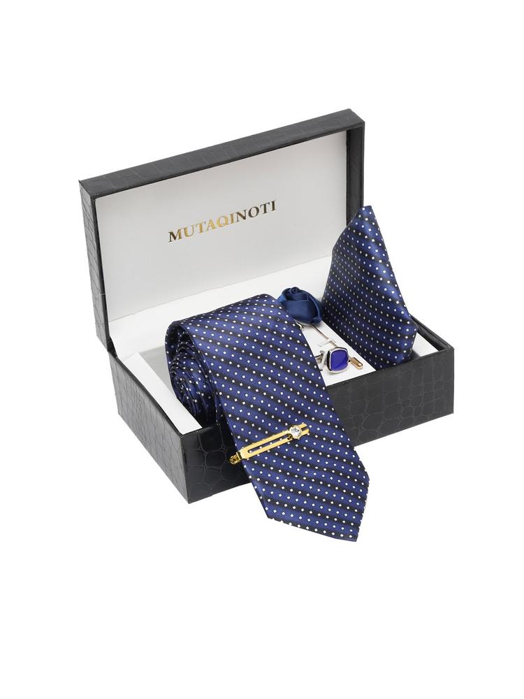 MUTAQINOTI Men Blue Silk Formal Tie Cufflinks and Pocket Square Accessory Gift Set