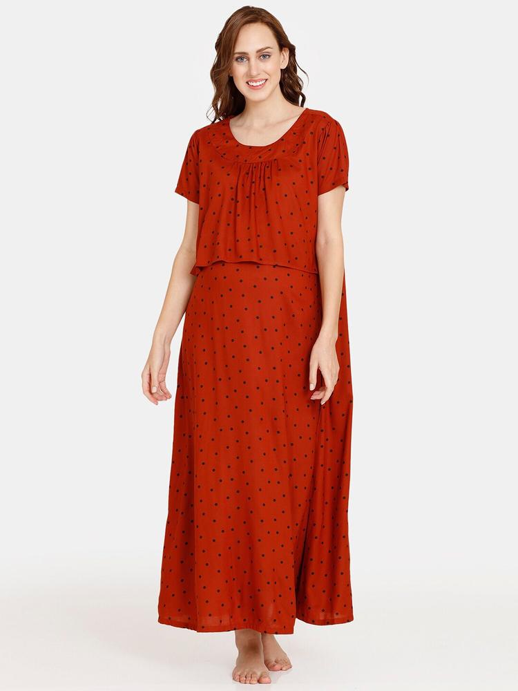 Coucou by Zivame Women Red & Black Polka Dots Printed Maternity Maxi Nightdress