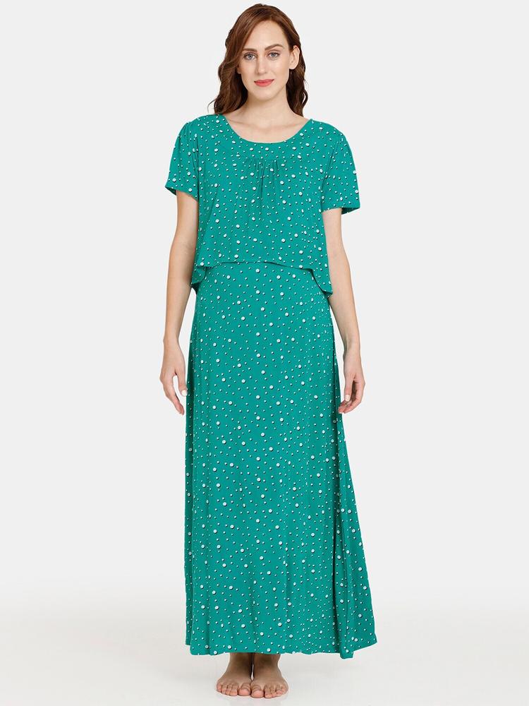 Coucou by Zivame Women Sea Green & White Printed Maternity Maxi Nightdress