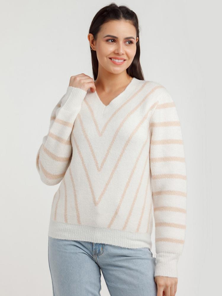 Zink London Women White & Peach-Coloured Self Design Wool Pullover Sweater