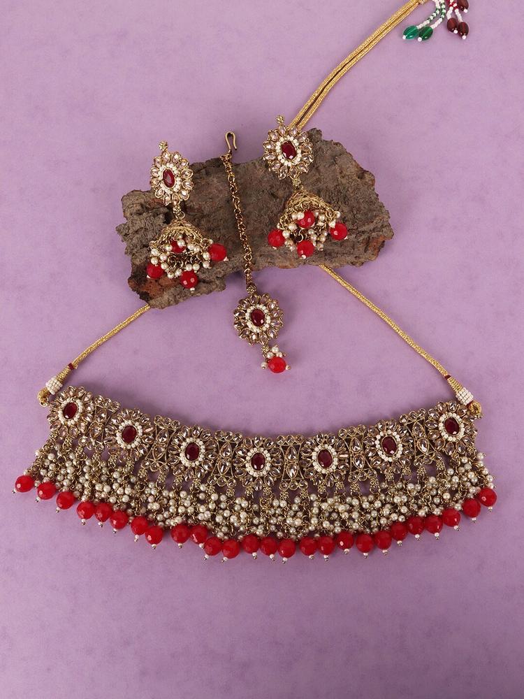 JEWELS GEHNA Women Red & White Gold-Plated Stones & Beads Studded Jewellery Set
