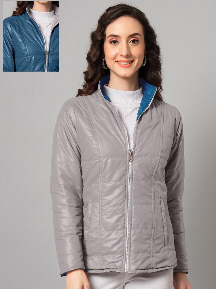 PURYS Women Grey & Blue Reversible Quilted Jacket