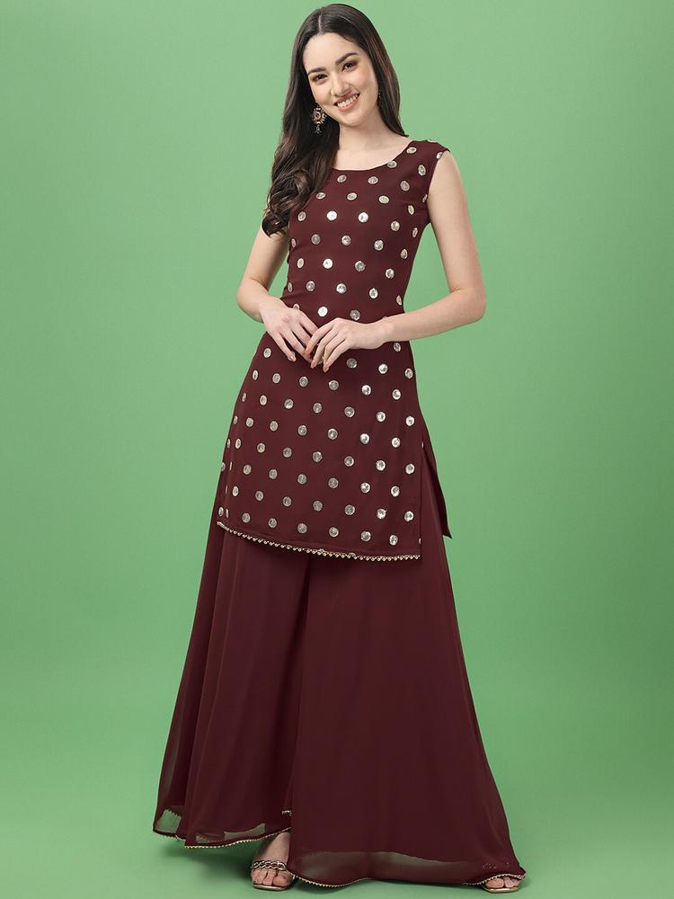 ASPORA Women Coffee Brown Ethnic Motifs Embroidered Sequinned Kurti with Sharara & With Dupatta