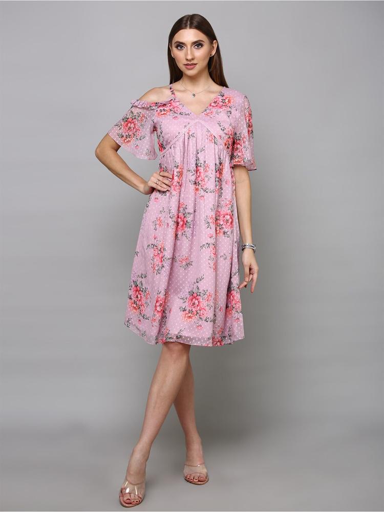 aturabi Women Pink & Lavender Floral Cotton A-Line Dress