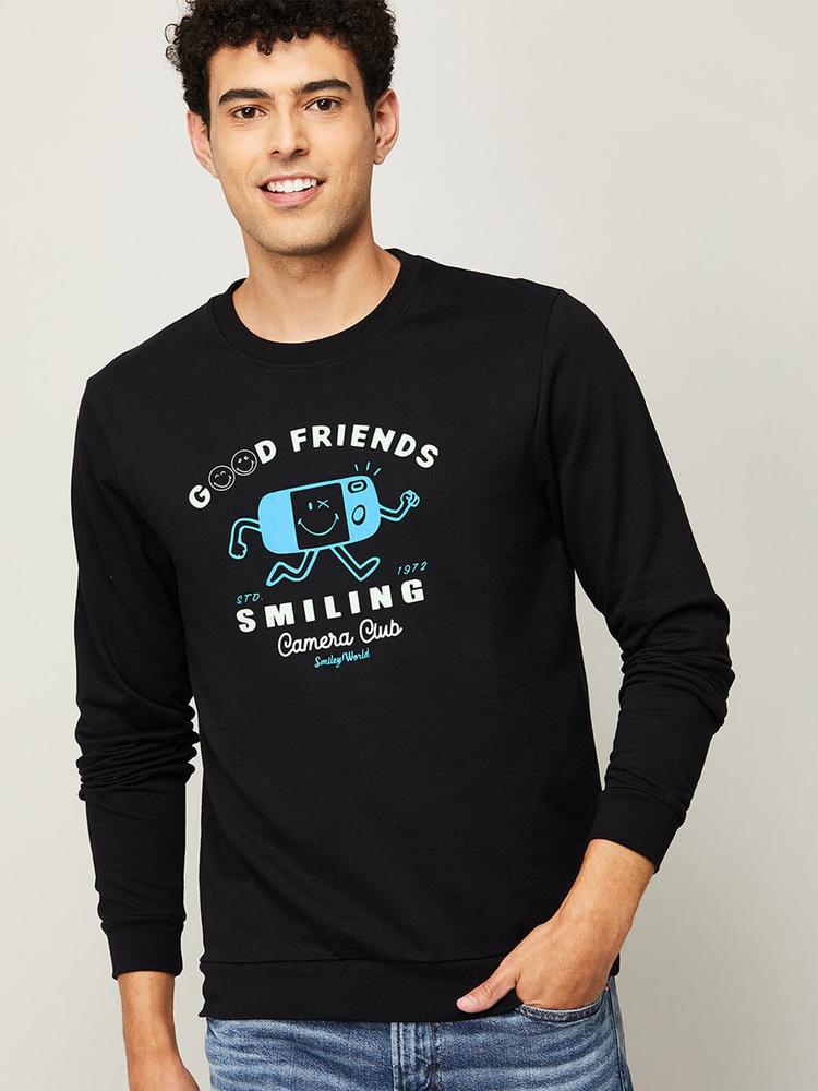 SmileyWorld Men Black Printed Cotton Sweatshirt