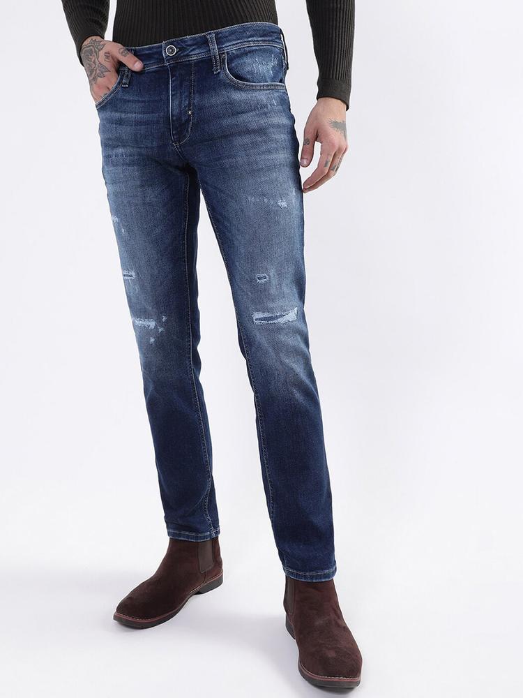 Antony Morato Men Navy Blue Slim Fit Slash Knee Heavy Fade Stretchable Cotton Jeans