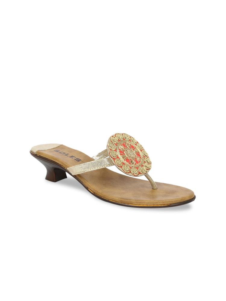 SOLES Women Beige & Gold-Toned Embellished Kitten Sandals