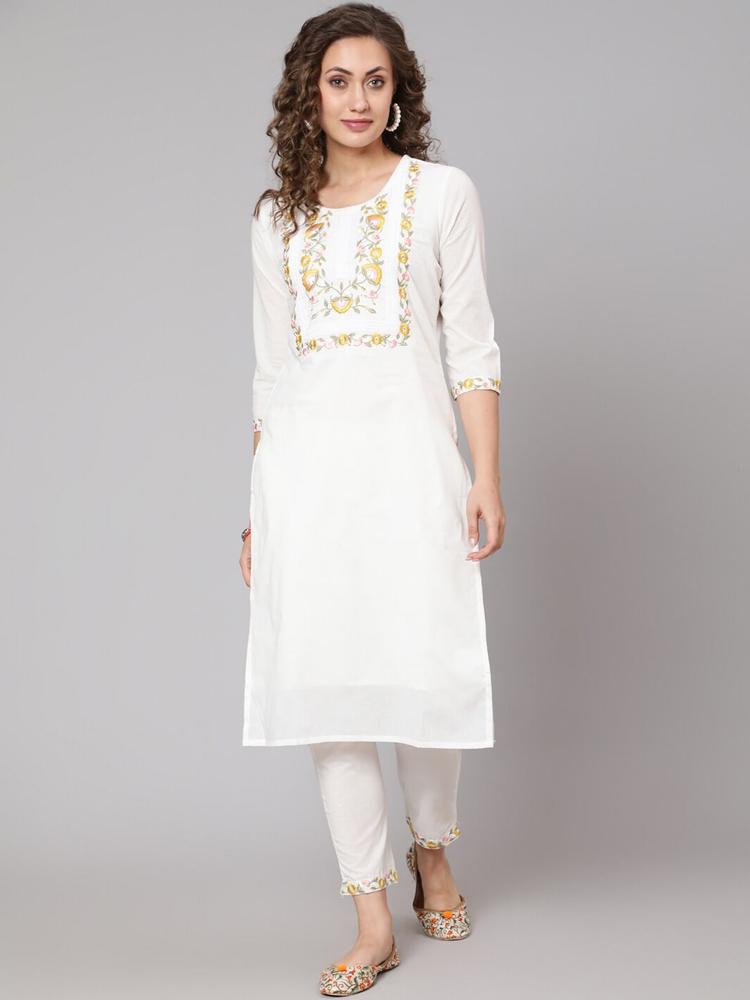 antaran Women White Floral Embroidered Pure Cotton Kurta with Trousers