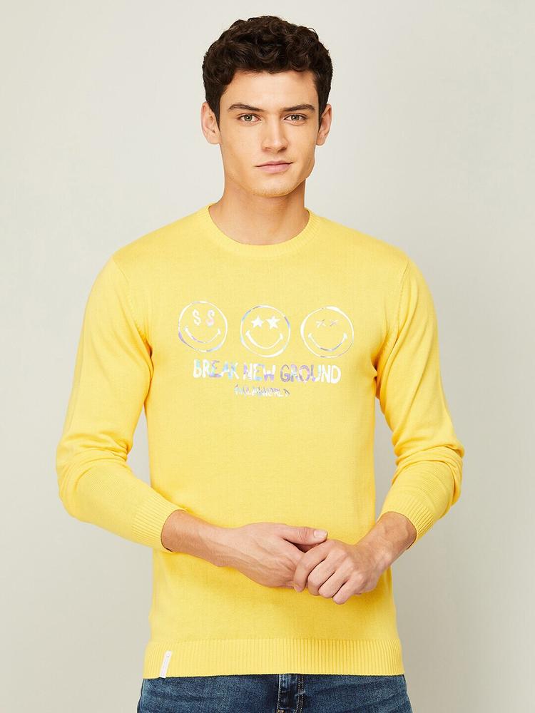 SmileyWorld Men Yellow Printed Cotton Sweatshirt