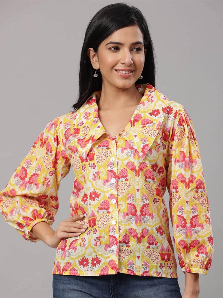 Do Dhaage Yellow & Red Floral Print Shirt Style Top