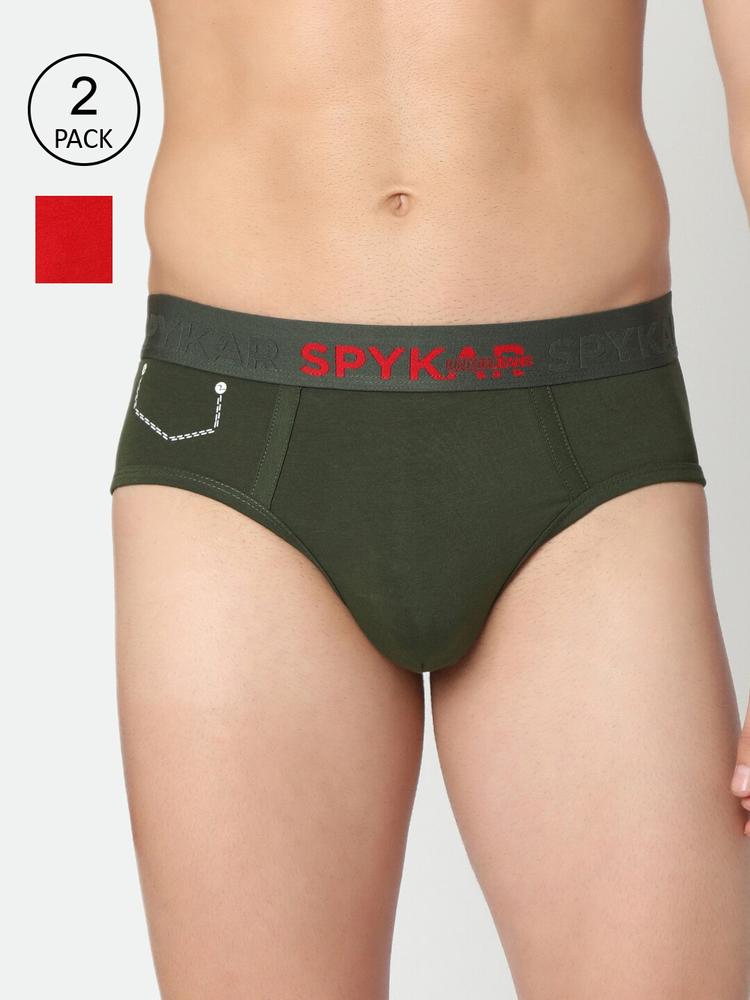 UnderJeans by Spykar Men Men Maroon & Olive Green Pack Of 2 Solid Basic Briefs