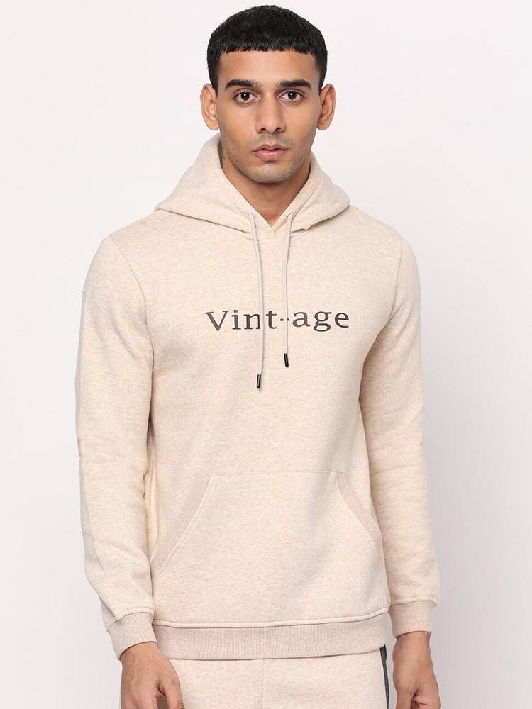 YOONOY Men Beige Typography Printed Hooded Sweatshirt