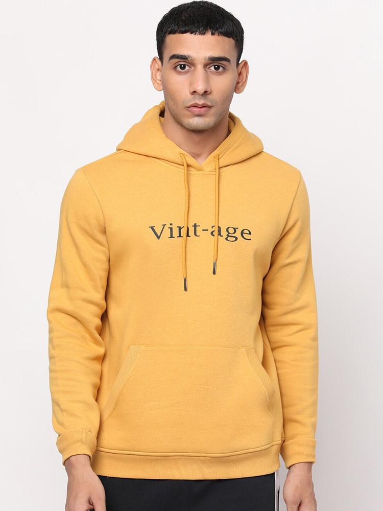 YOONOY Men Mustard Yellow Typography Printed Hooded Sweatshirt