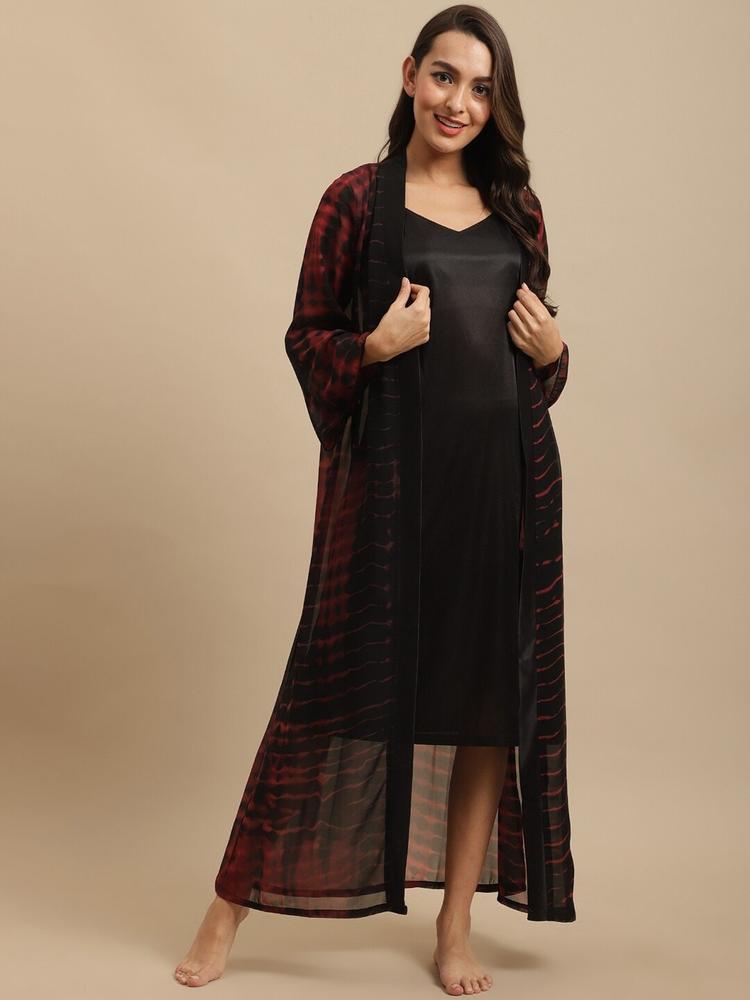 Claura Women Black & Maroon Solid Satin Nightdress With Printed Robe