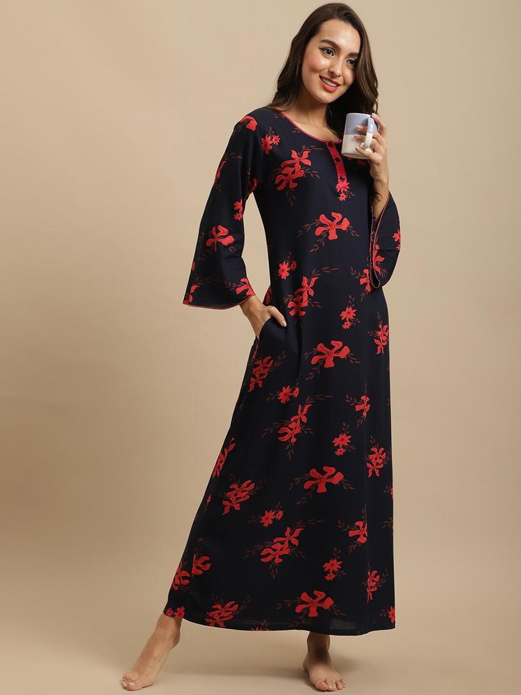 Claura Women Navy Blue & Red Floral Printed Maxi Nightdress