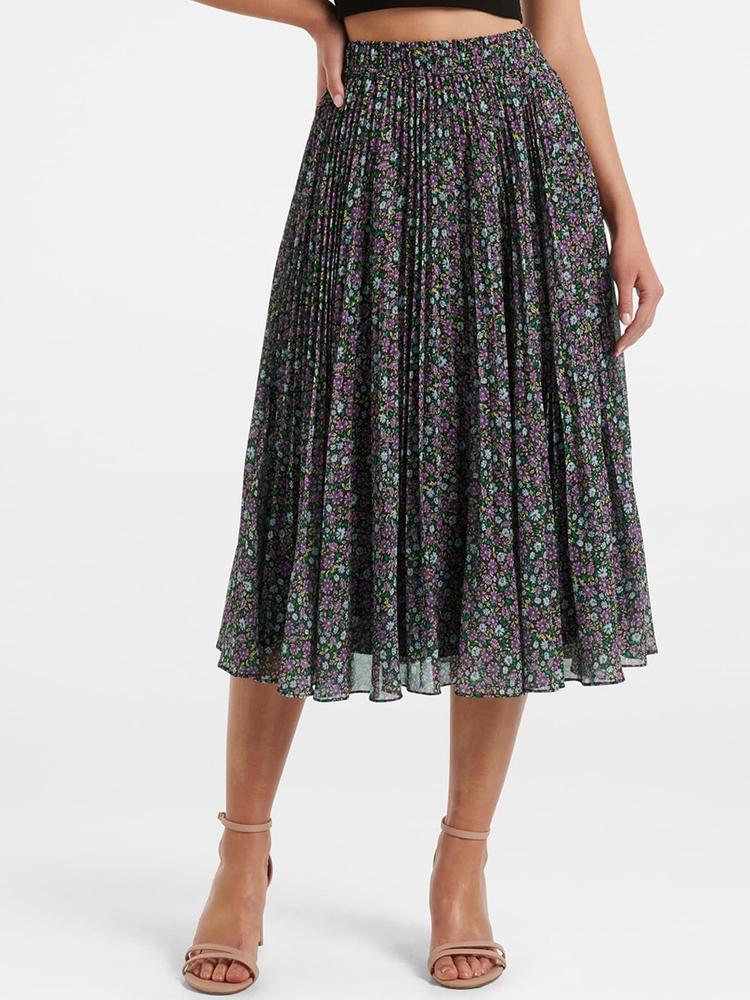 Forever New Women Purple & Green Floral Printed Pleated Flared Midi Skirt