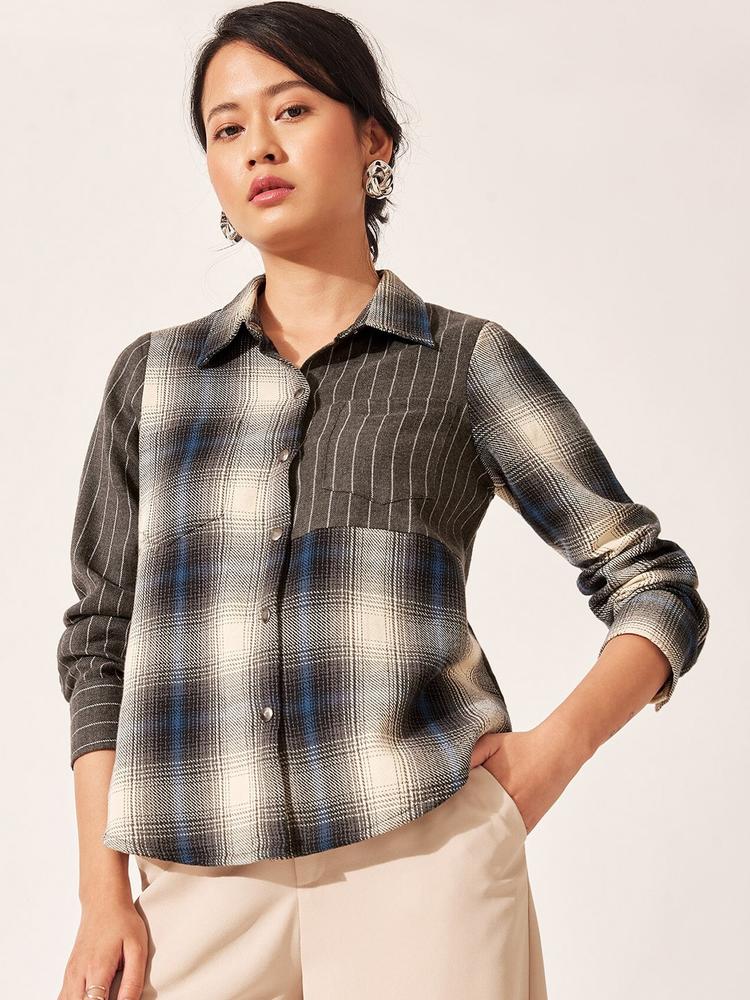 The Label Life Women Blue & Grey Checked Cotton Casual Shirt