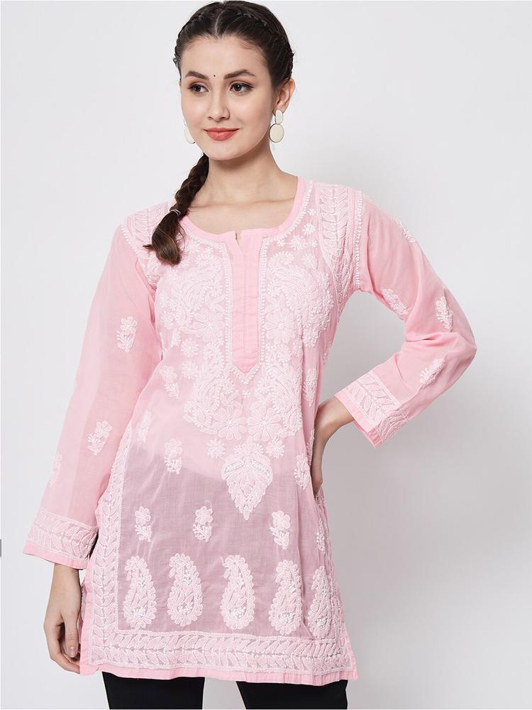 PARAMOUNT CHIKAN Pink Ethnic Motifs Embroidered Chikankari Pure Cotton Kurti