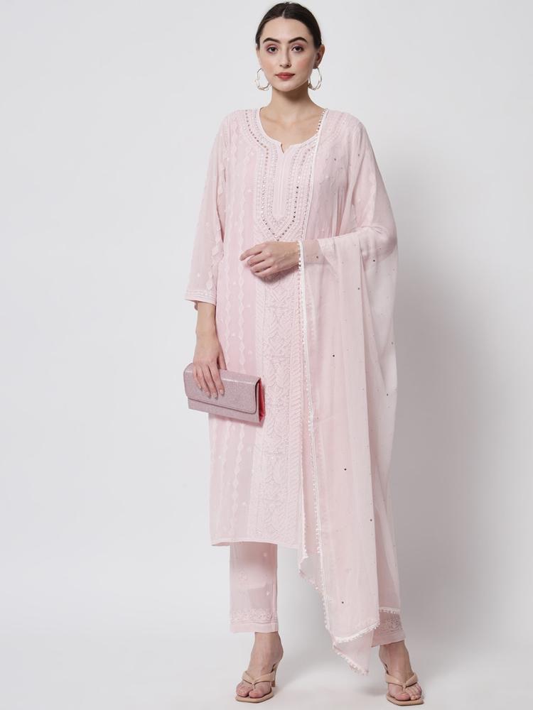 PARAMOUNT CHIKAN Women Pink Floral Embroidered Chikankari Kurta with Trousers & With Dupatta