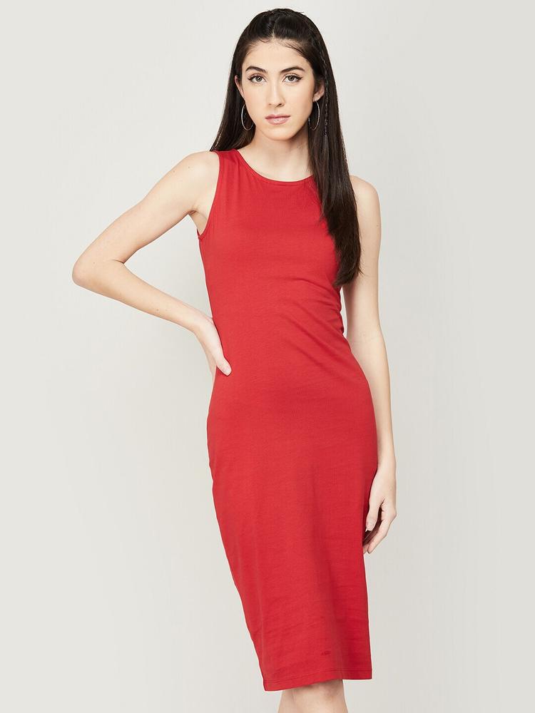 Ginger by Lifestyle Women Red Solid Cotton Bodycon Dress