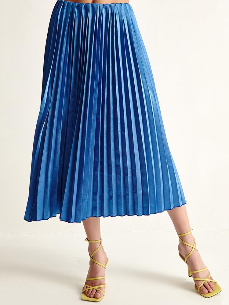 COVER STORY Women Blue Satin Pleated A-line Midi Skirt