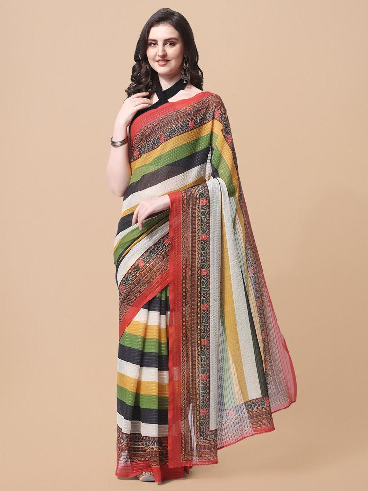 MIRCHI FASHION Green & Red Striped Sequinned Saree