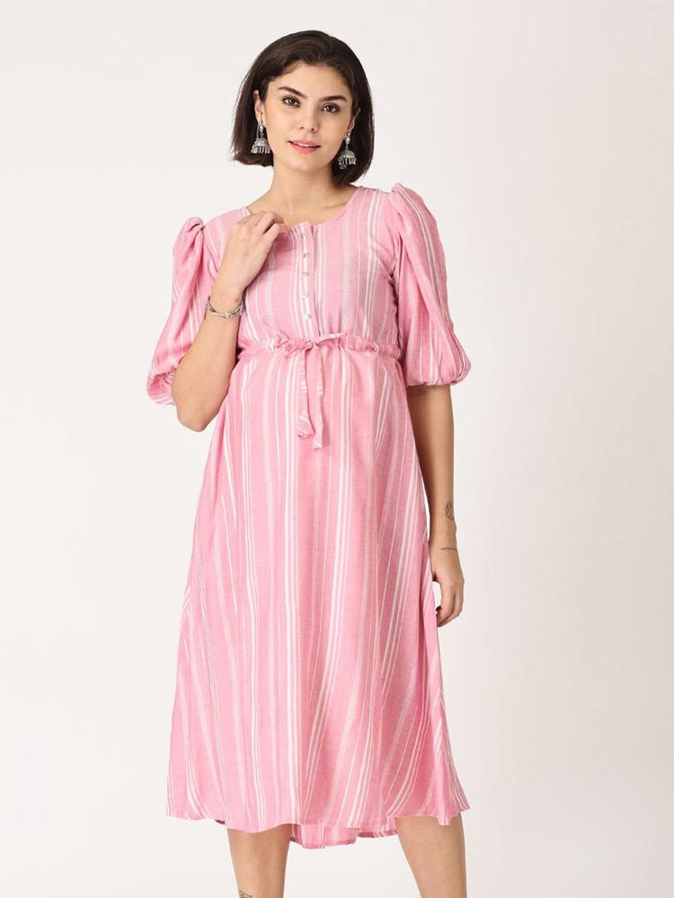 The Mom Store Women Pink & White Striped Maternity Midi Dress