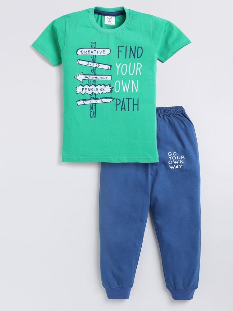 Todd N Teen Boys Green & Blue Printed T-shirt with Pyjamas