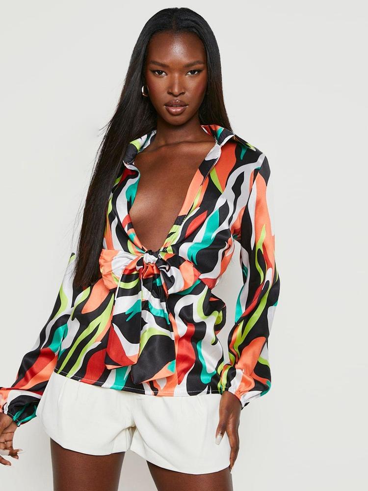 Boohoo Abstract Print Tie-Up Shirt Style Top