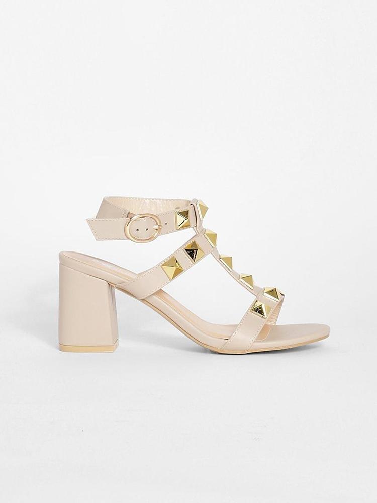 Boohoo Nude-Coloured & Gold-Toned Studded Caged Block Heels