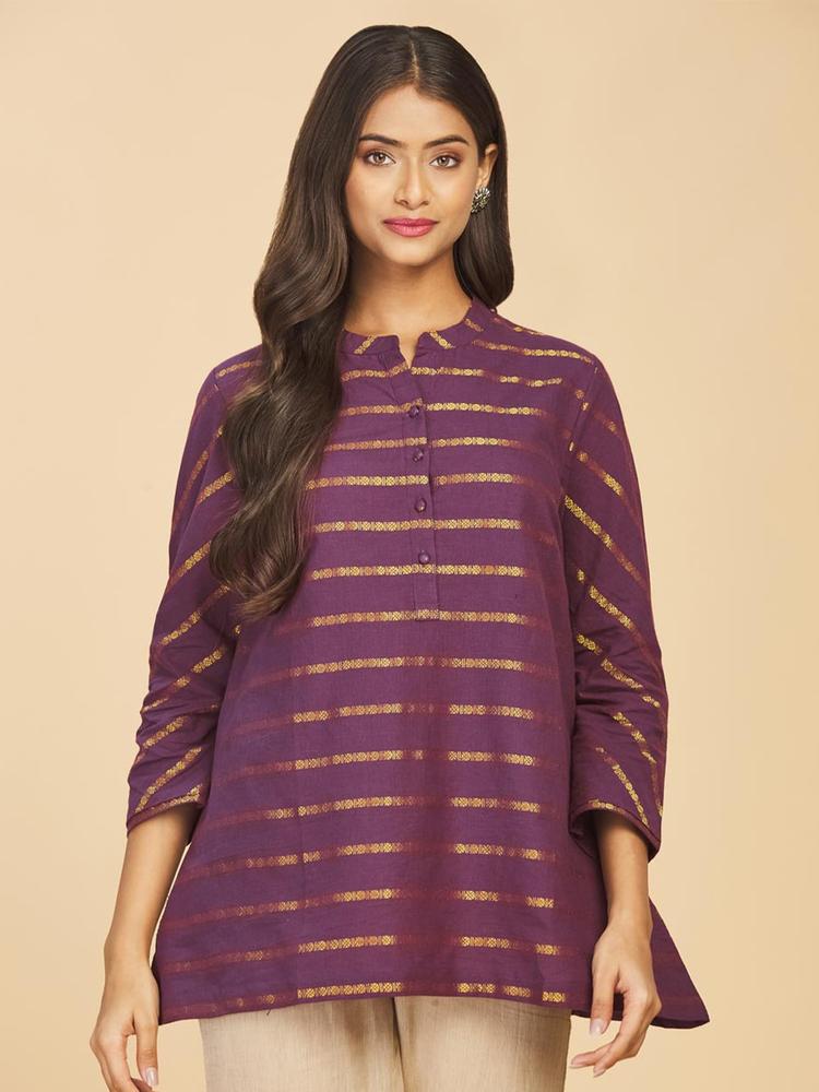 Fabindia Purple & Gold-Toned Woven Design Pure Cotton Kurti