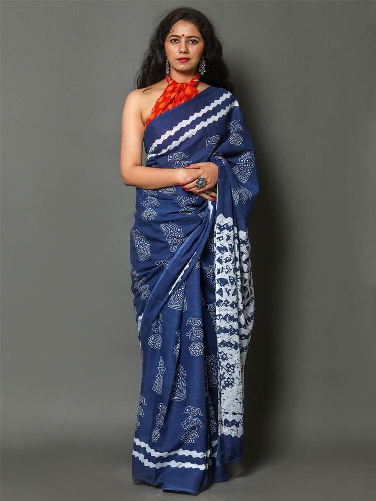 BUTA BUTI Blue & White Floral Jaali Pure Cotton Ready to Wear Saree