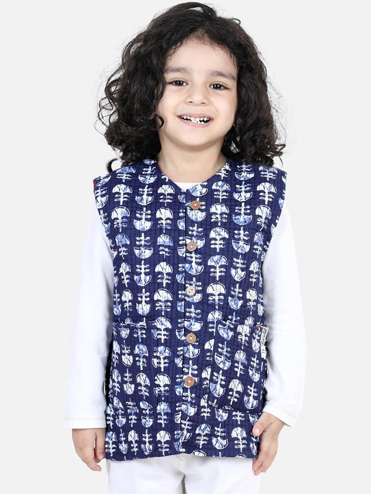 BownBee Boys Navy Blue & White Printed Cotton Reversible Tailored Jacket