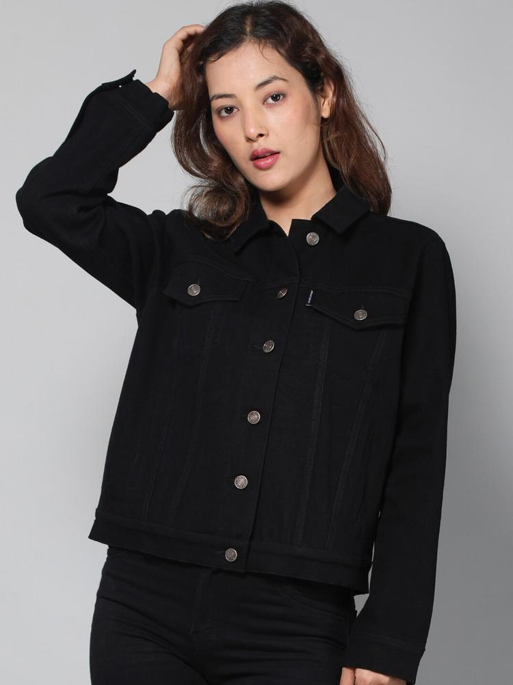 Dream of Glory Inc Women Black Solid Cotton Denim Jacket