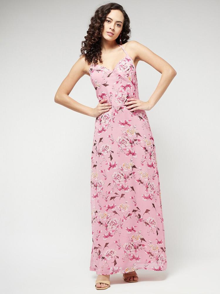 MAGRE Pink Floral Tie-Up Neck Georgette Maxi  Dress