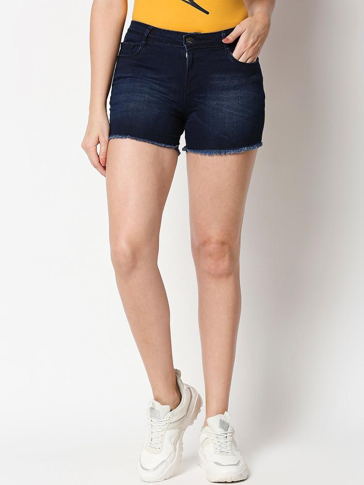 Kraus Jeans Women Blue Washed Washed Slim Fit High-Rise Cotton Denim Shorts