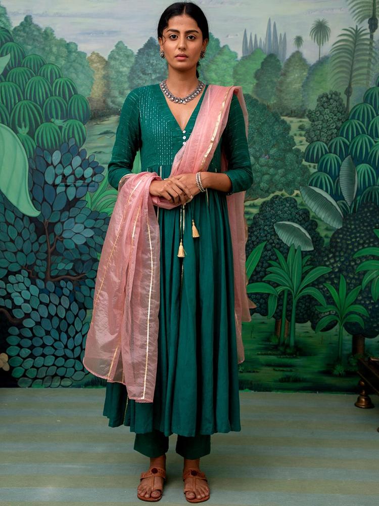 MYAARA Women Green Kurta with Trousers & With Dupatta