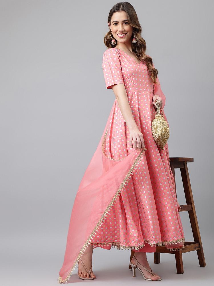 Khushal K Women Pink Printed Empire Kurta with Trousers & With Dupatta