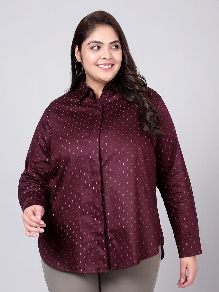 Indietoga Women Burgundy Classic Slim Fit Printed Cotton Plus Size Formal Shirt