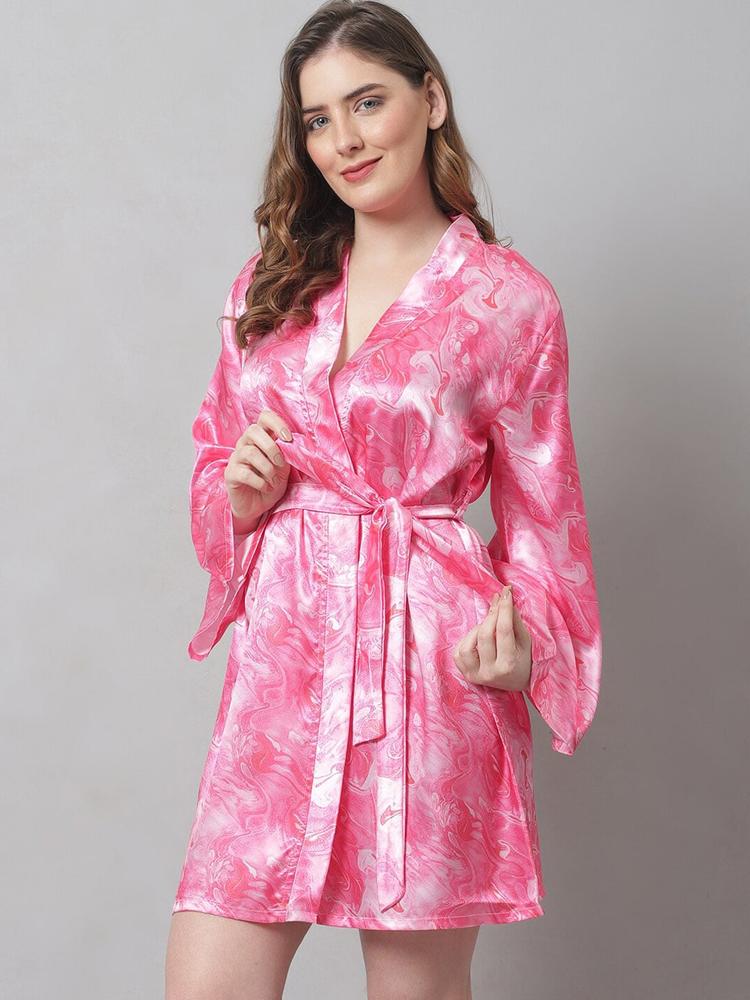 Claura Women Pink & Silver Printed Silk Robe
