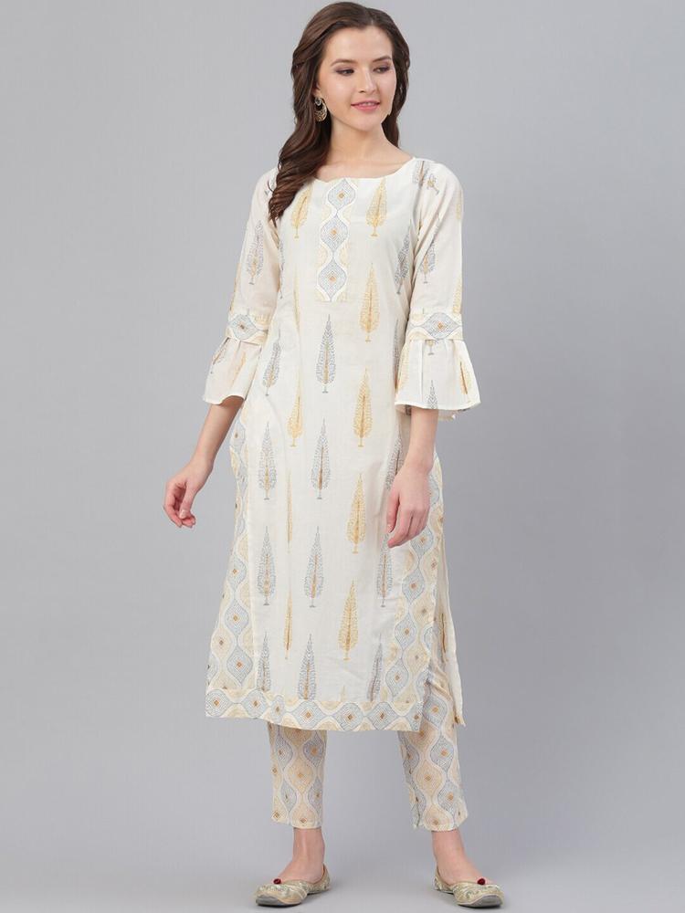 Ives Women Off White Printed Pure Cotton Kurta with Trousers