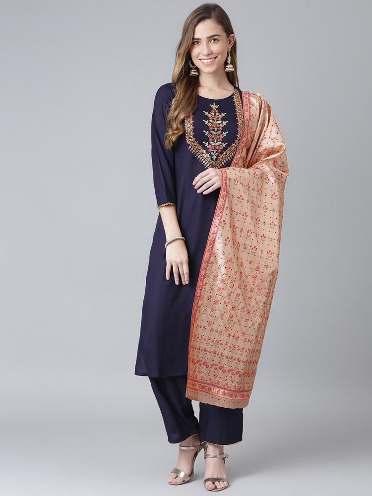 Khushal K Women Blue Embroidered Thread Work Kurta with Palazzos & With Dupatta