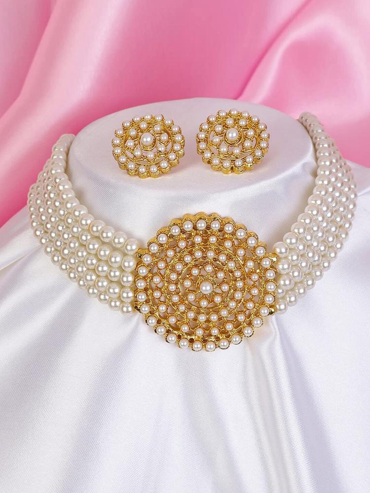 Jewar Mandi Gold-Plated Pearl-Beaded CZ-Studded Choker Jewellery Set